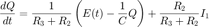 $$\frac{dQ}{dt}=\frac{1}{R_3+R_2}\left(E(t)-\frac{1}{C}Q\right)+\frac{R_2}{R_3+R_2}I_1$$